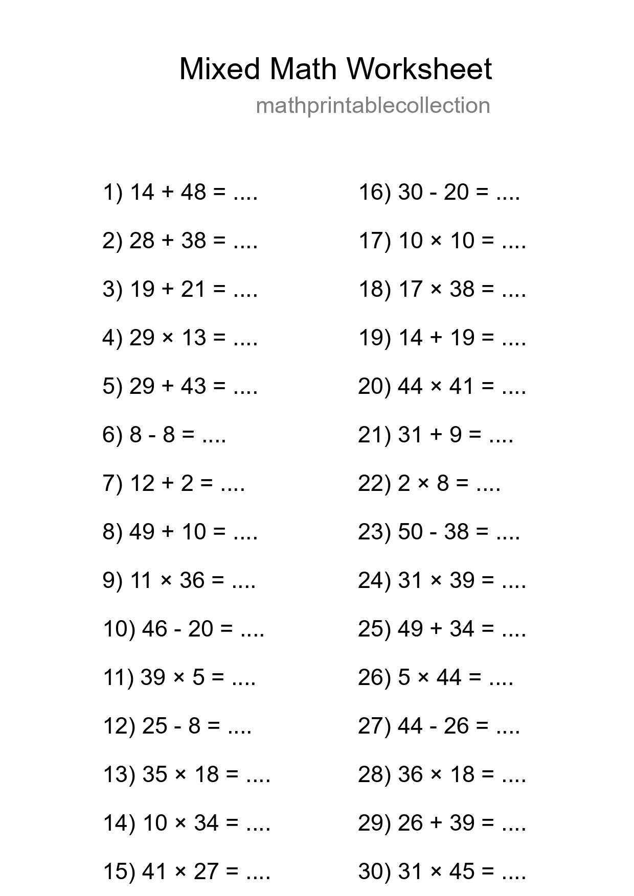 Mixed Operations Math Worksheet