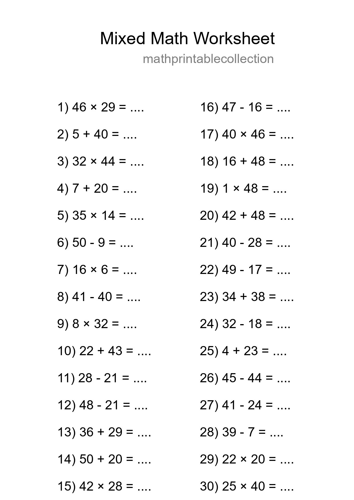 Mixed Operations Math Worksheet