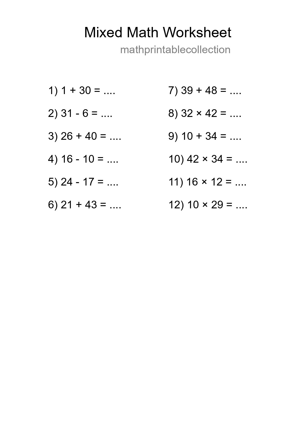 Mixed Operations Math Worksheet