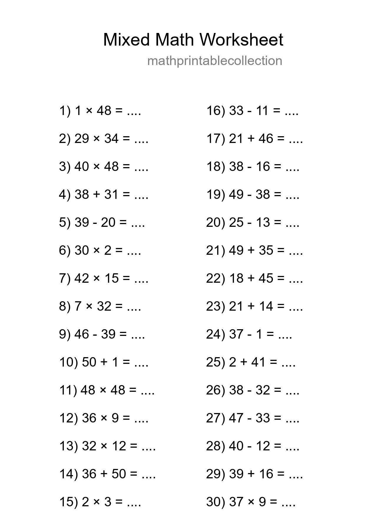 Mixed Operations Math Worksheet