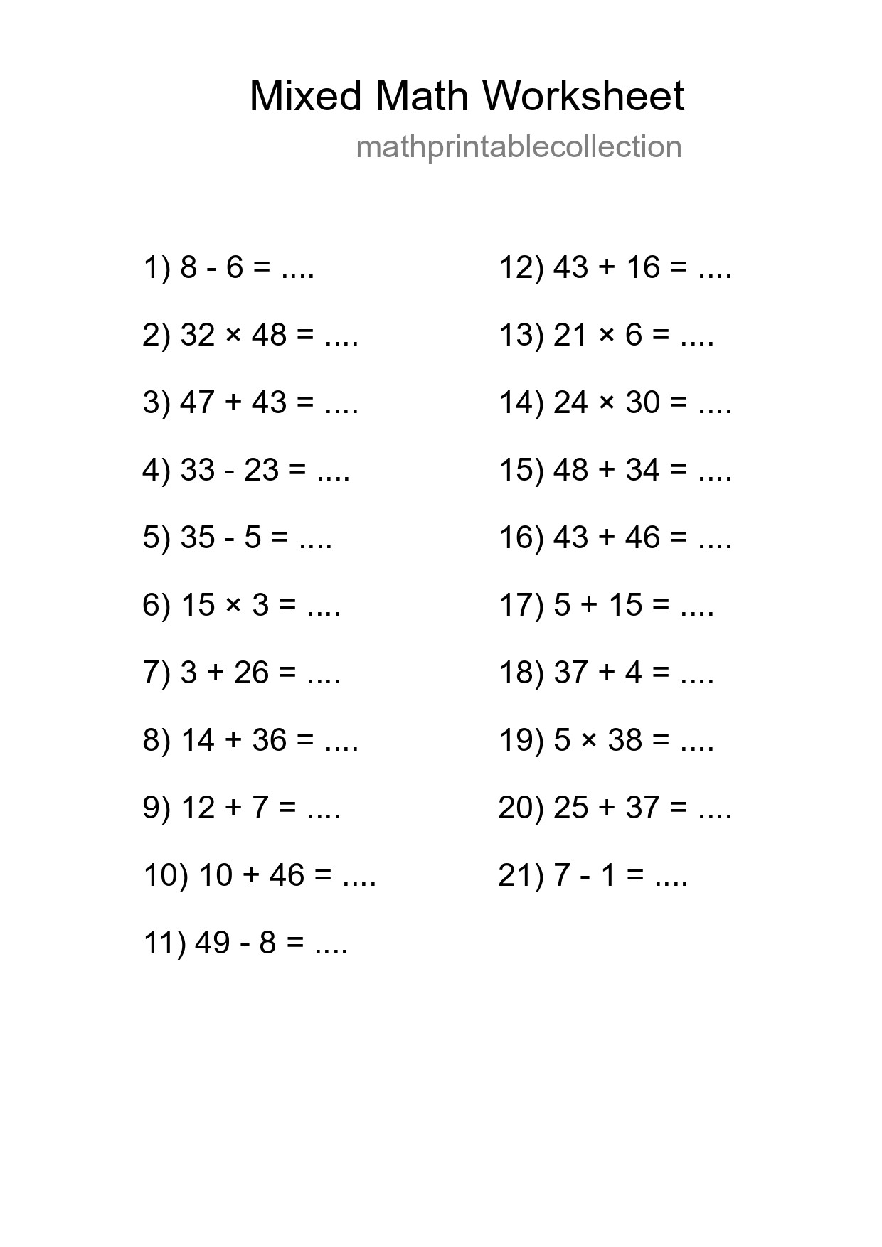 Mixed Operations Math Worksheet