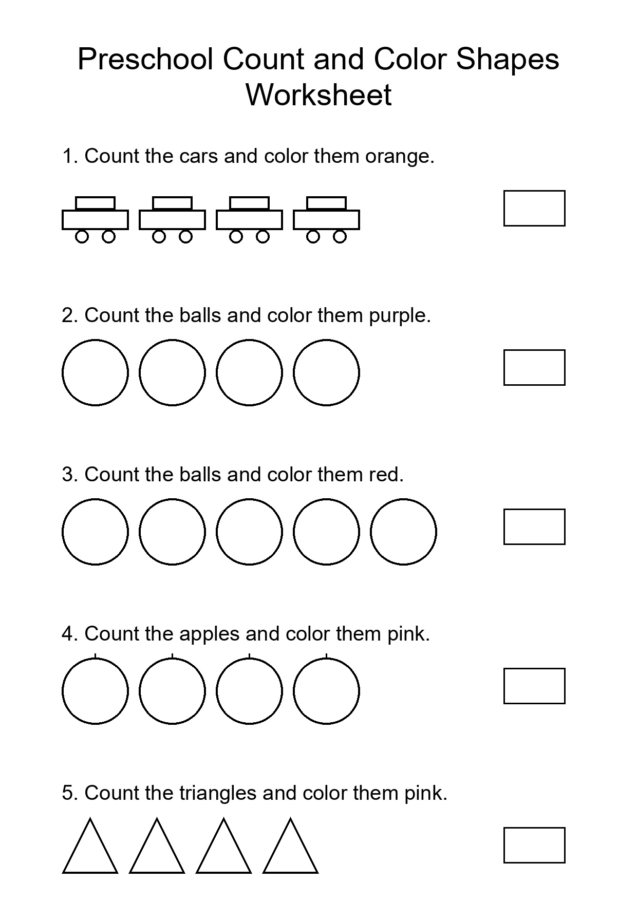 Preschool Count and Color Shapes Worksheet