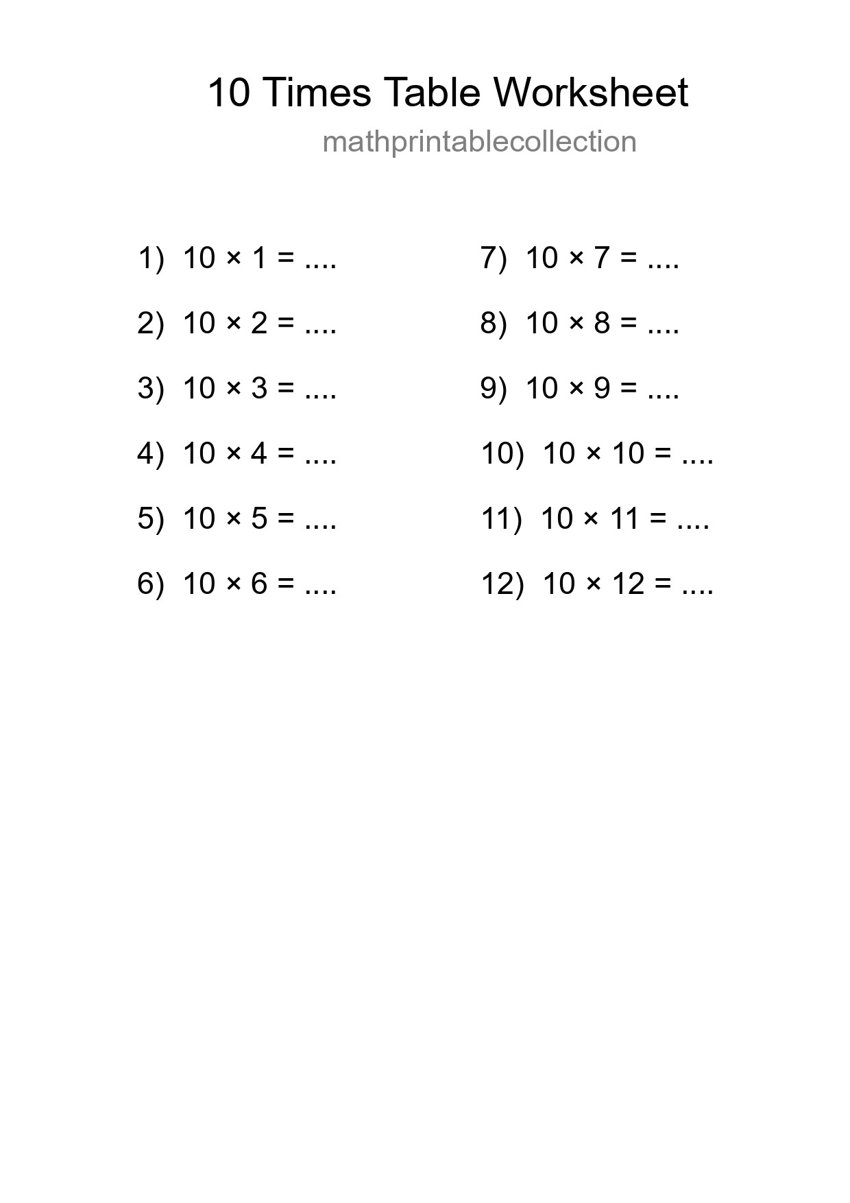 Printable 10 Times Table Worksheet For Grade 3 - Part 174