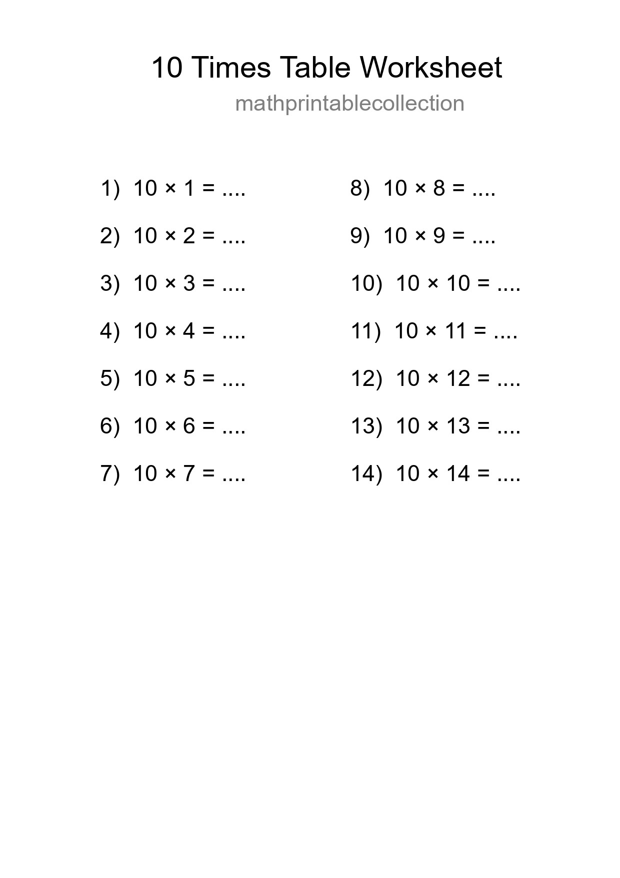 Printable 10 Times Table Worksheet For Grade 3 - Part 31