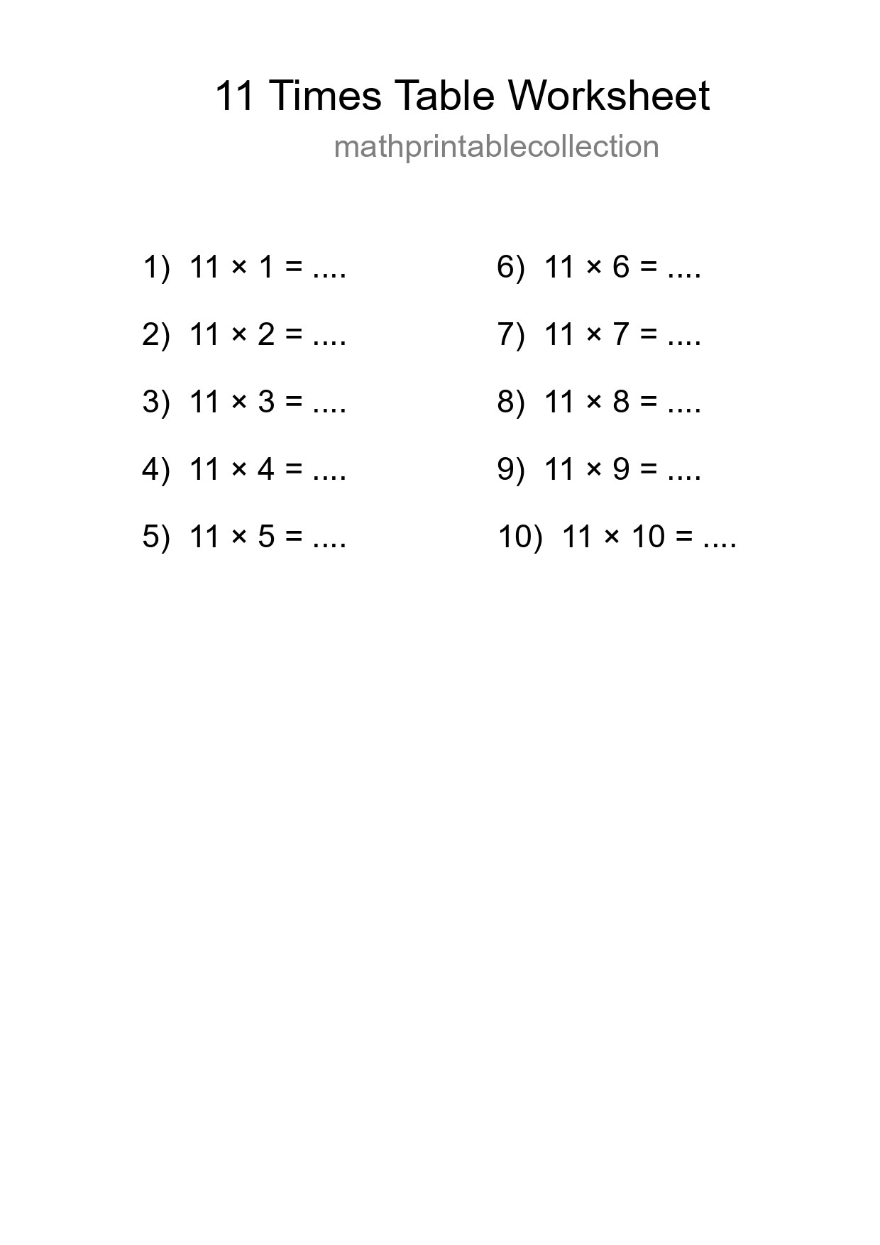 Printable 11 Times Table Worksheet For Grade 4 - Part 218
