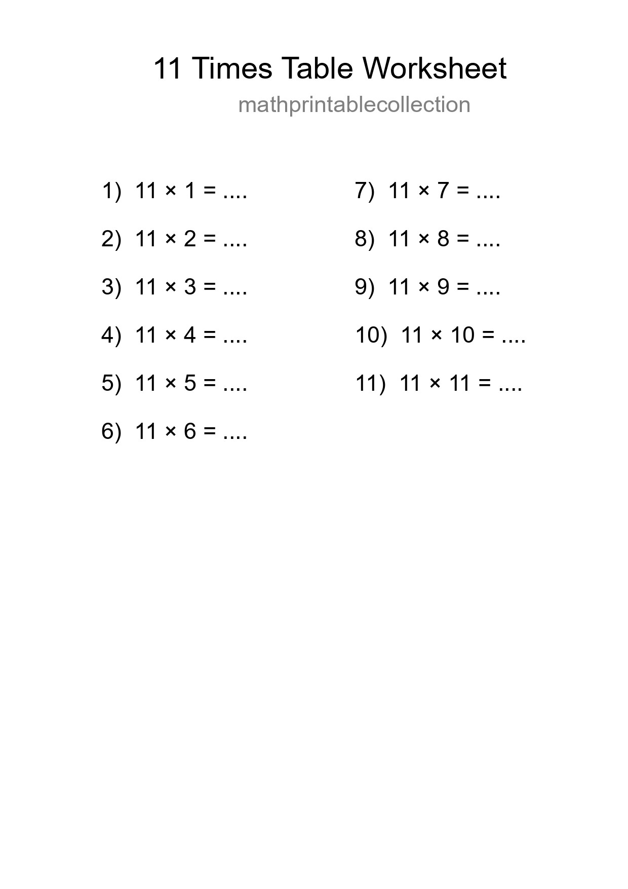 Printable 11 Times Table Worksheet For Grade 4 - Part 262