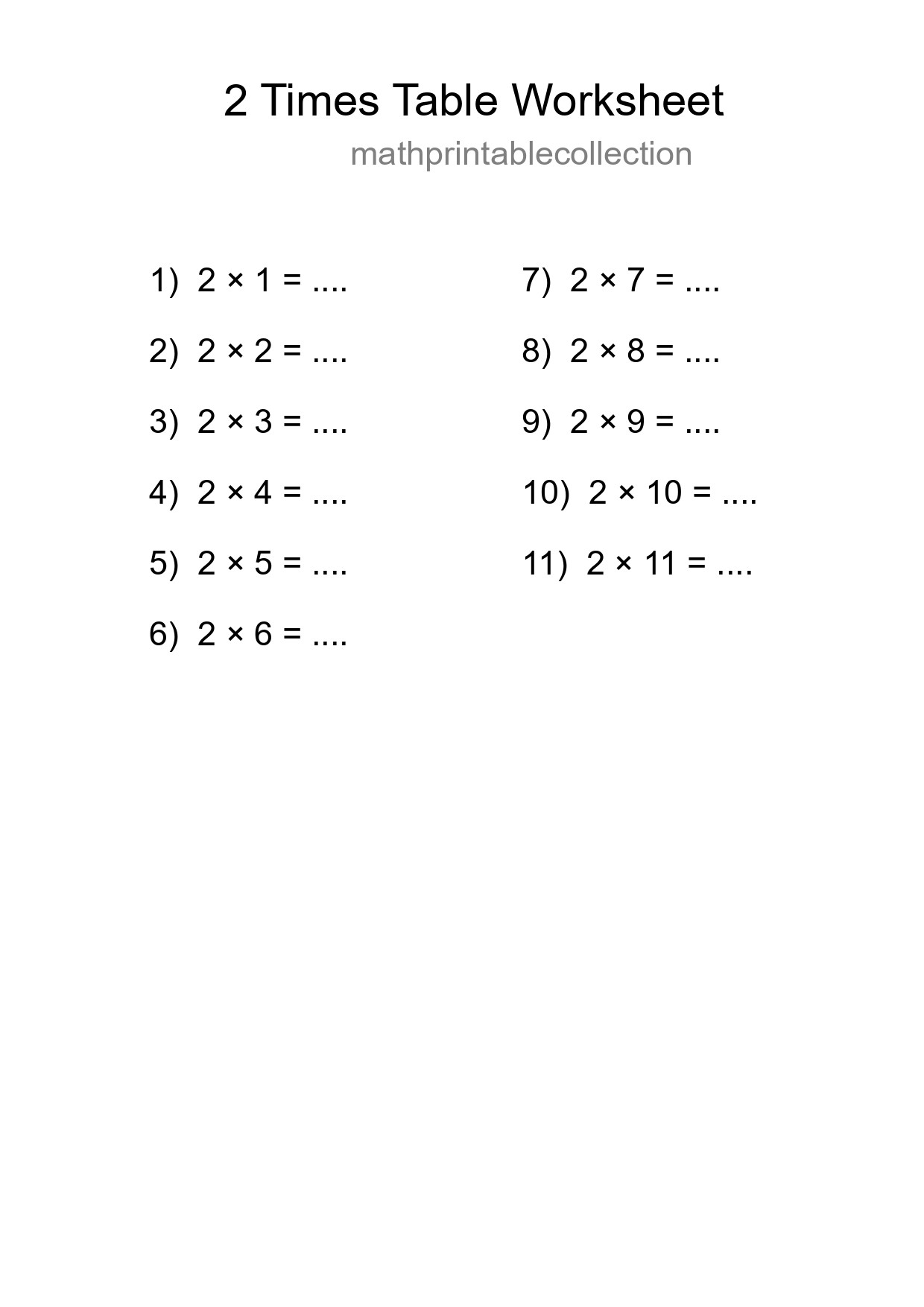 Printable 2 Times Table Worksheet For Grade 2 - Part 229