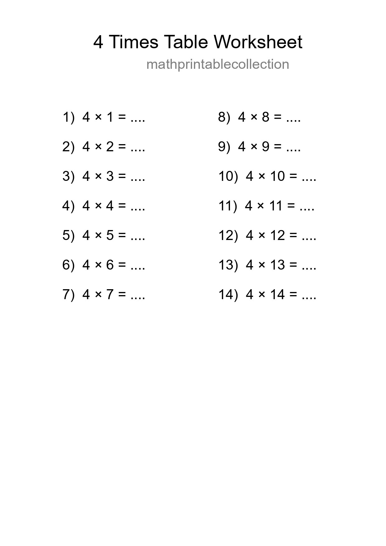 Printable 4 Times Table Worksheet For Grade 2 - Part 273
