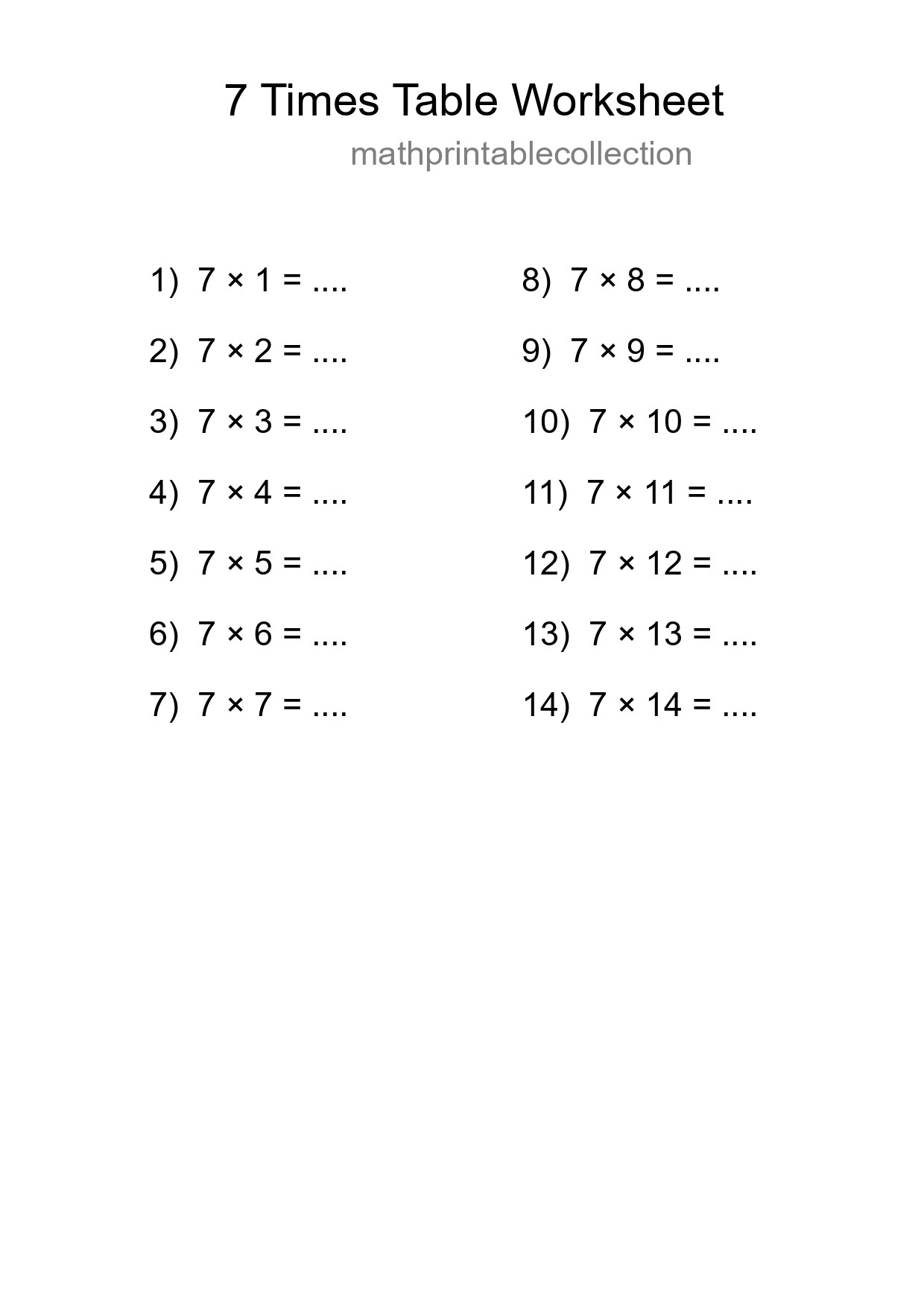 Printable 7 Times Table Worksheet For Grade 3 - Part 207