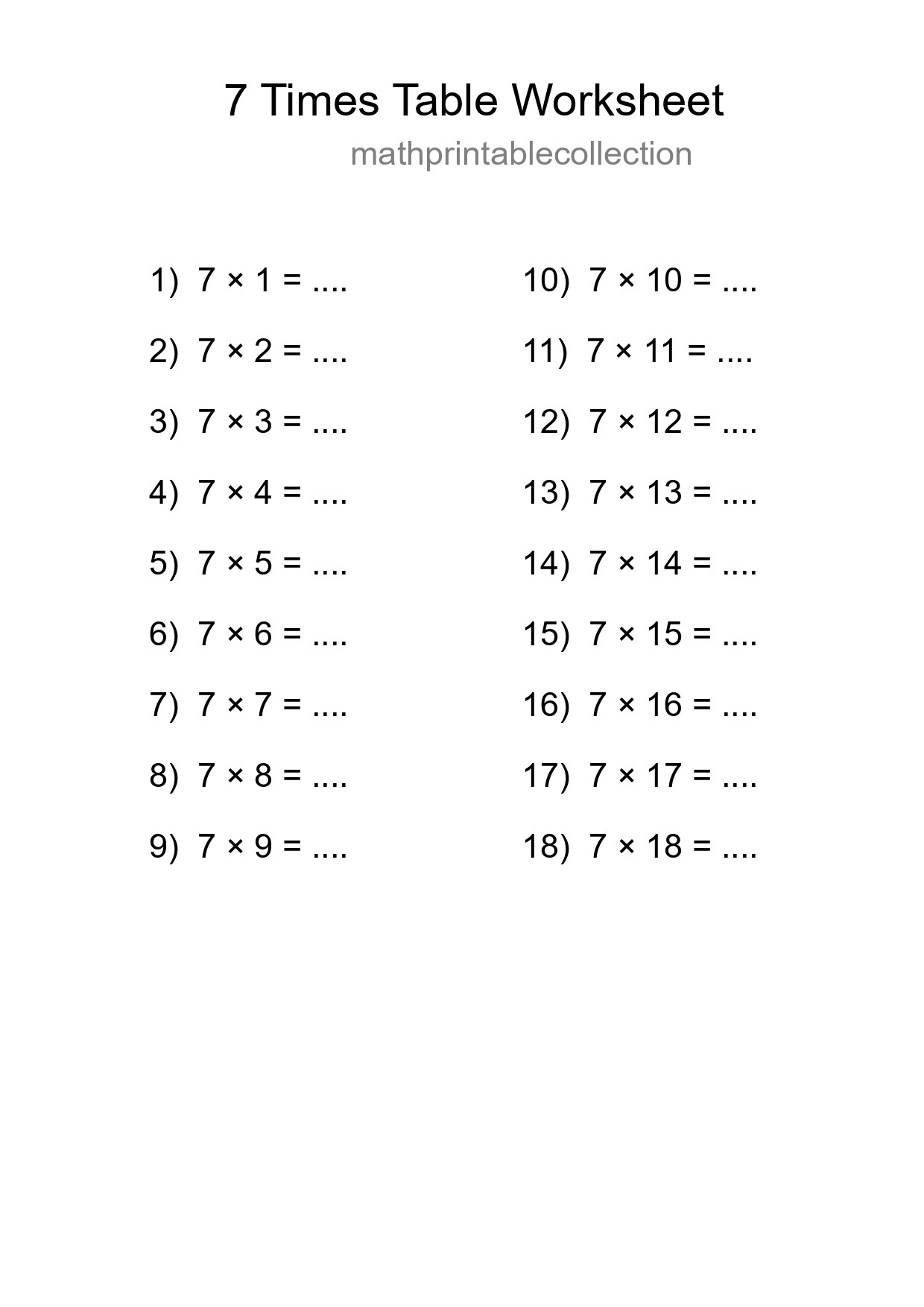 Printable 7 Times Table Worksheet For Grade 3 - Part 53