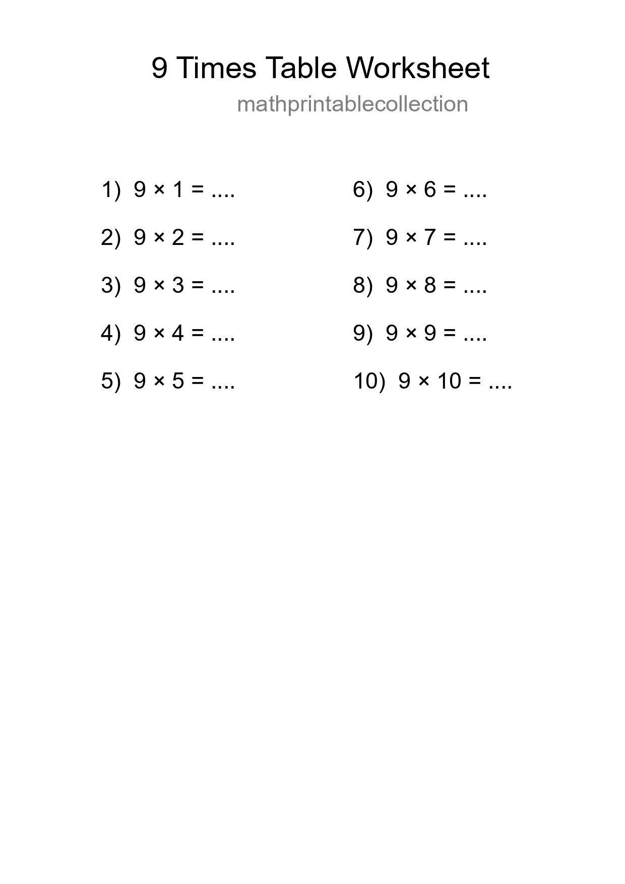 Printable 9 Times Table Worksheet For Grade 3 - Part 185