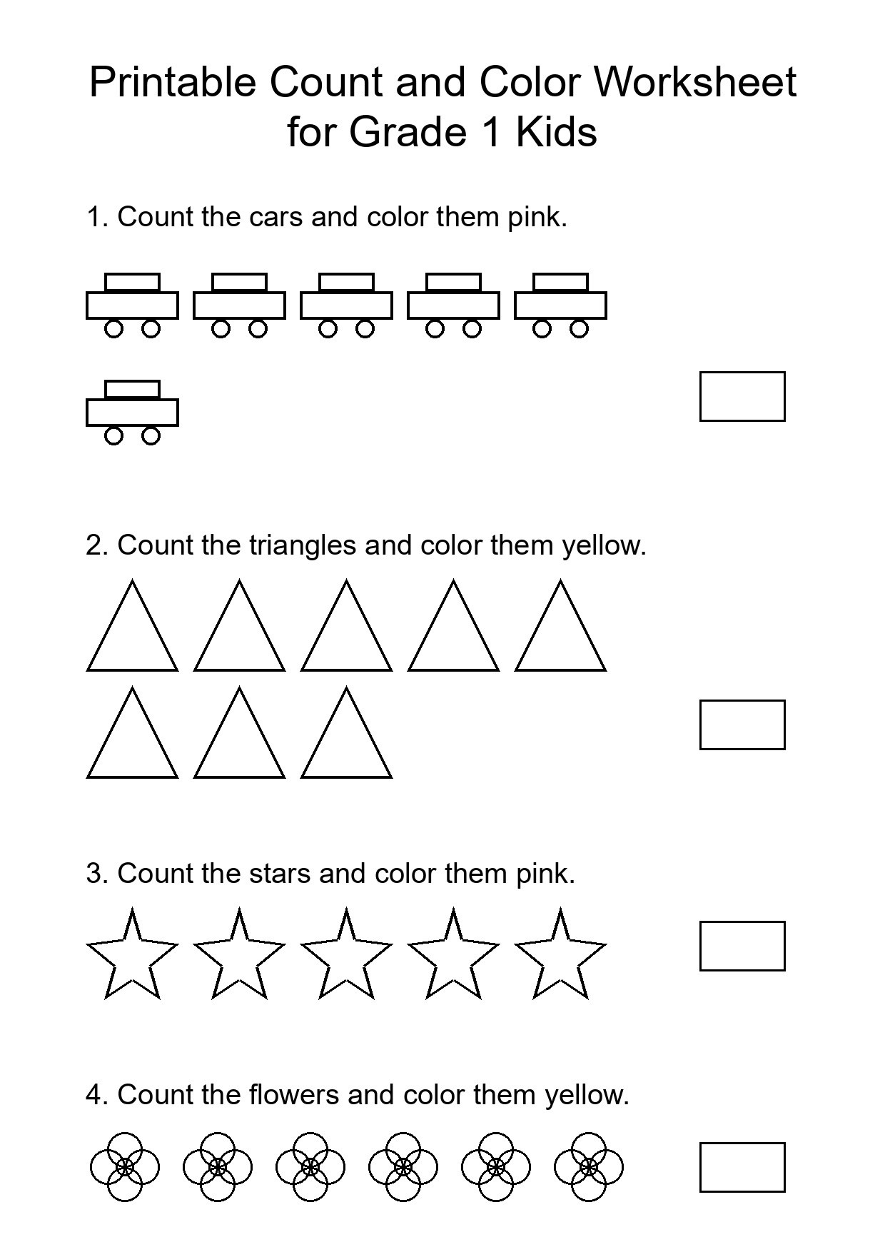 Printable Count and Color Worksheet for Grade 1 Kids