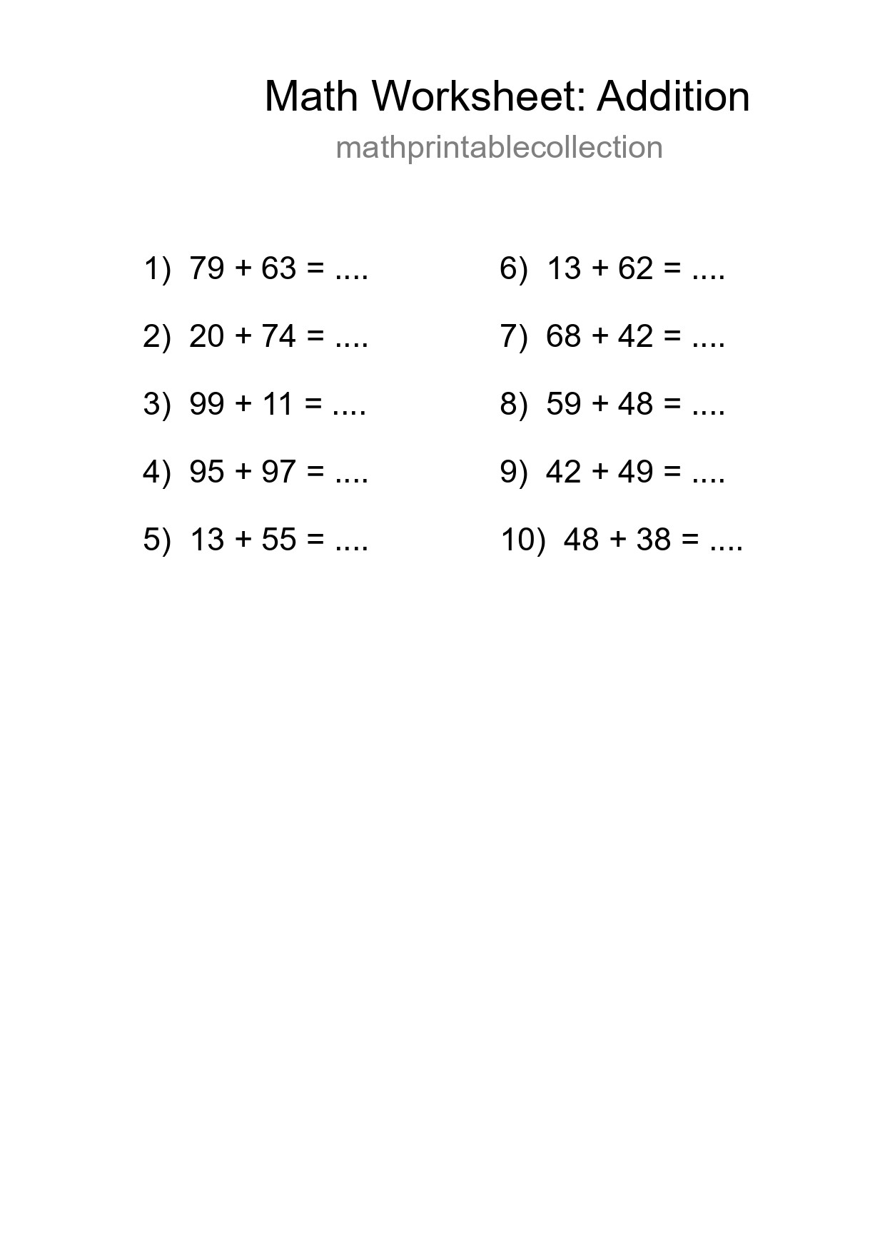 Printable Free 10 Addition Math Worksheet For Grade 3 - Part 243