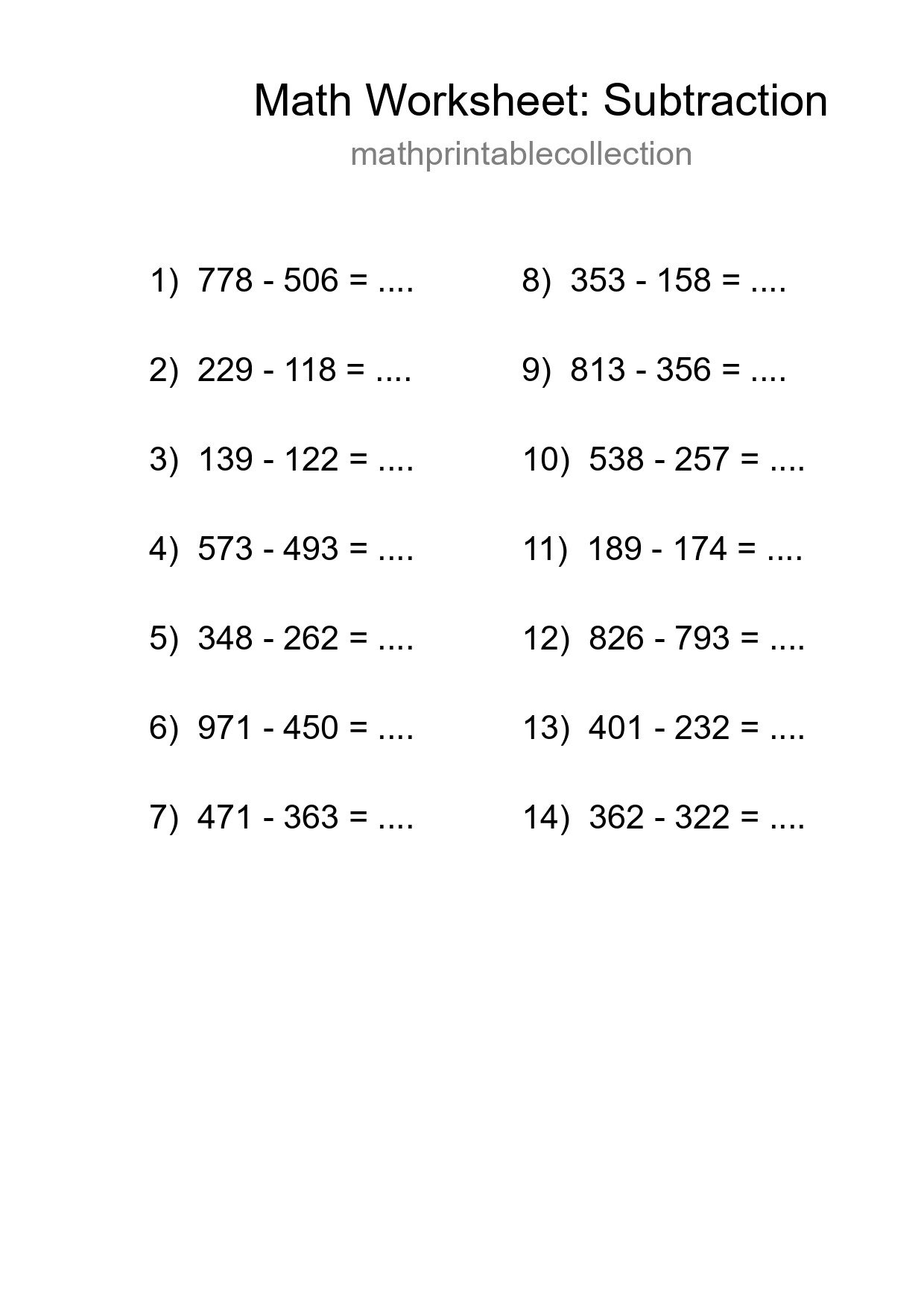 Printable Free 14 Subtraction Math Worksheet For Grade 5 - Part 8
