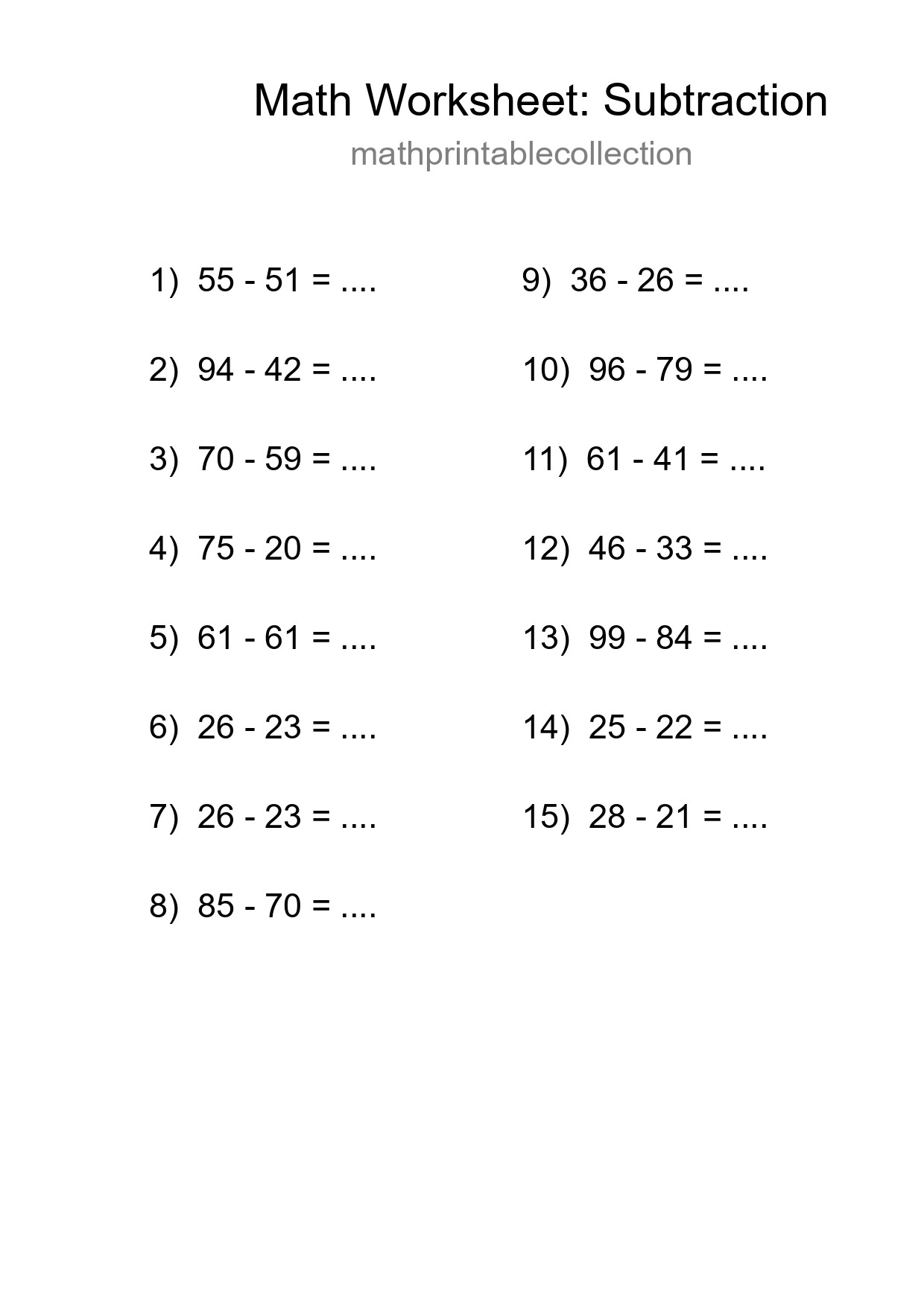 Printable Free 15 Subtraction Math Worksheet For Grade 3 - Part 151
