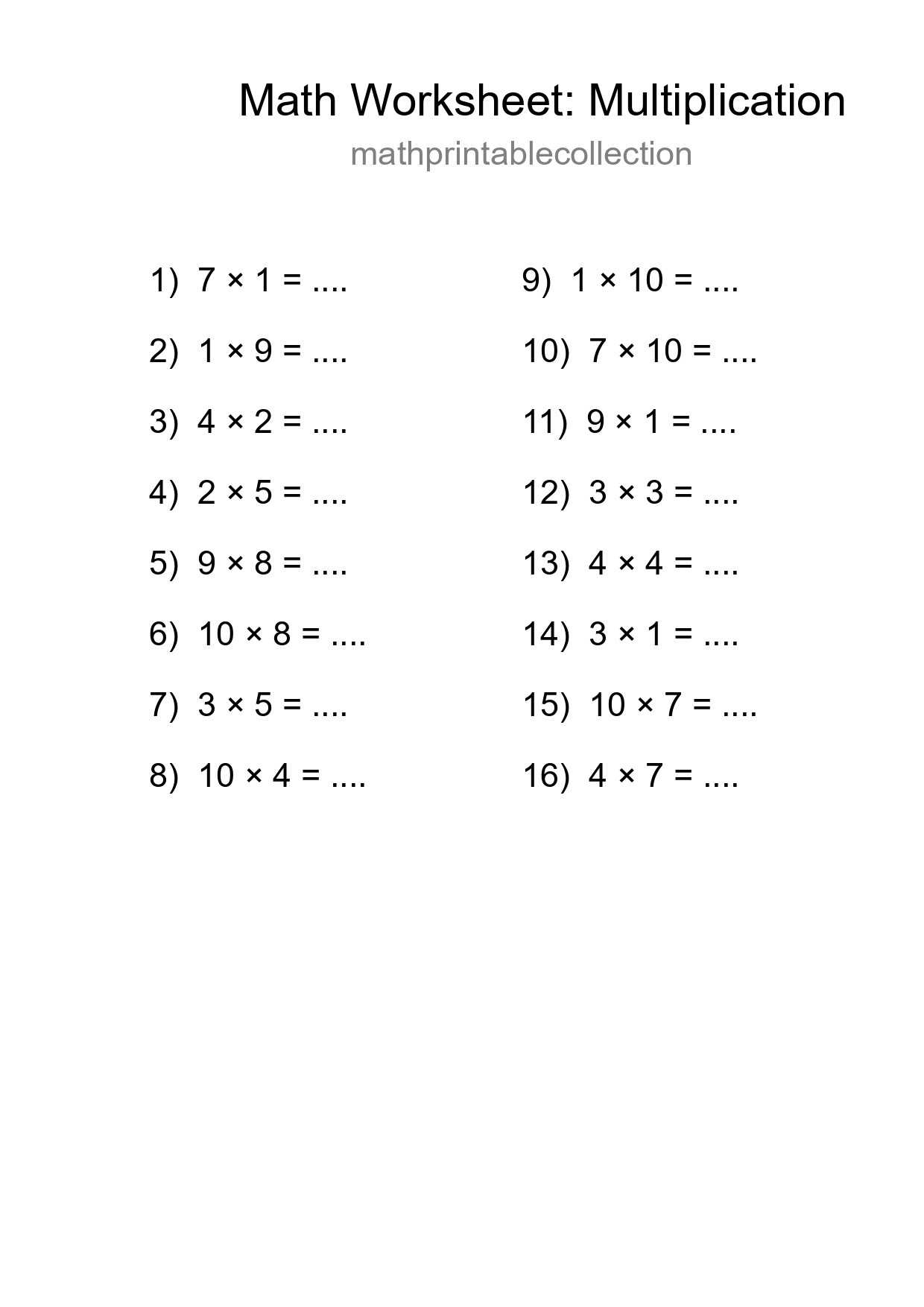 Printable Free 16 Multiplication Math Worksheet For Grade 1 - Part 18