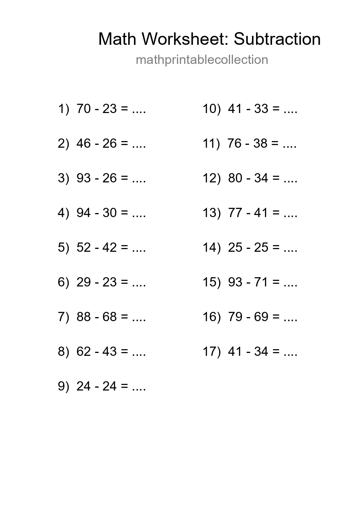 Printable Free 17 Subtraction Math Worksheet For Grade 3 - Part 162