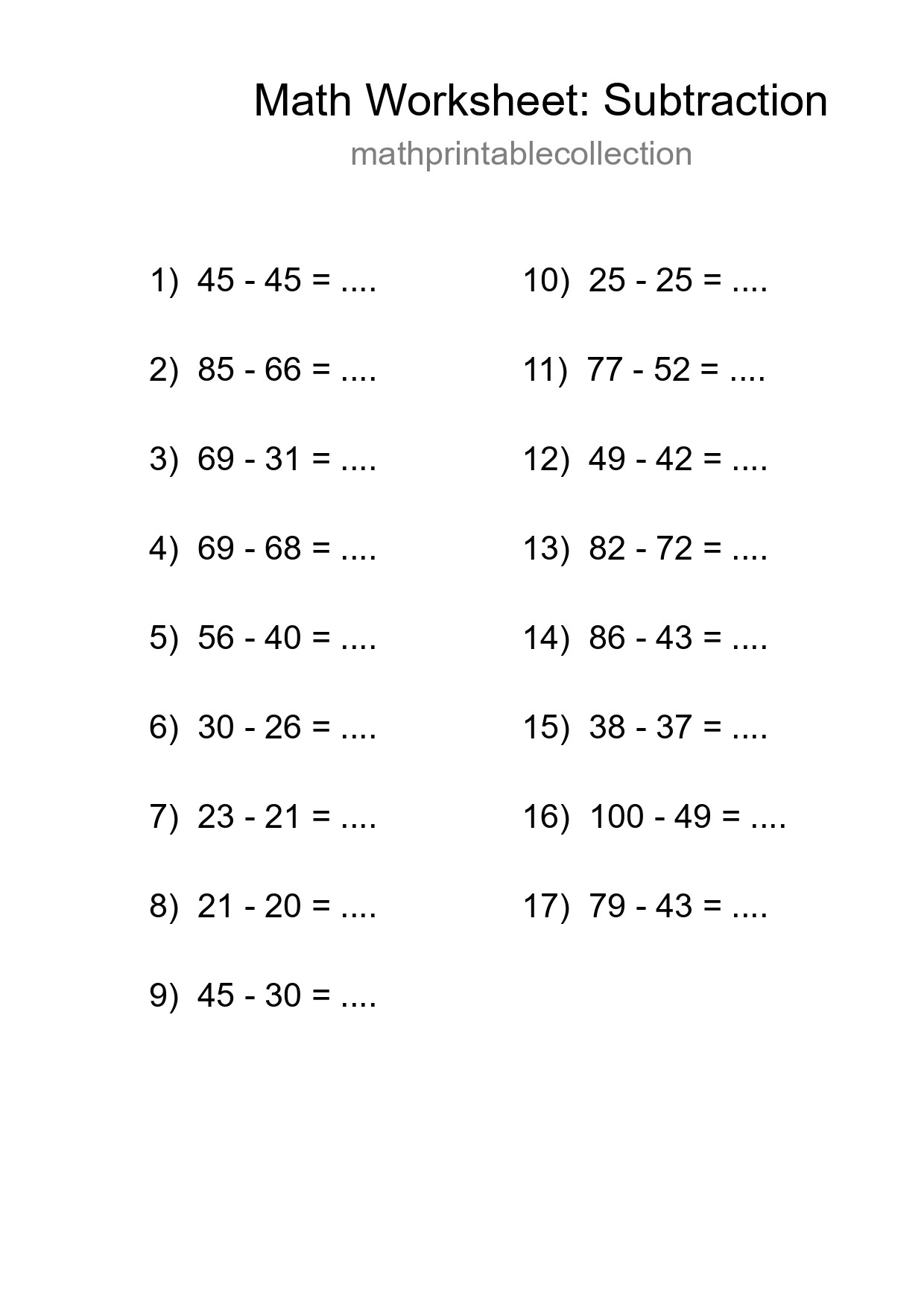 Printable Free 17 Subtraction Math Worksheet For Grade 3 - Part 41