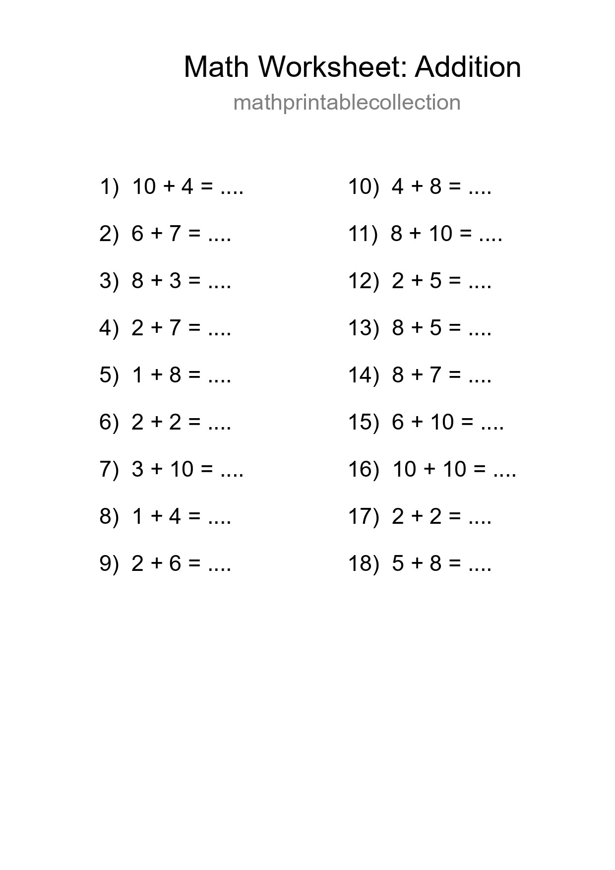 Printable Free 18 Addition Math Worksheet For Grade 1 - Part 265