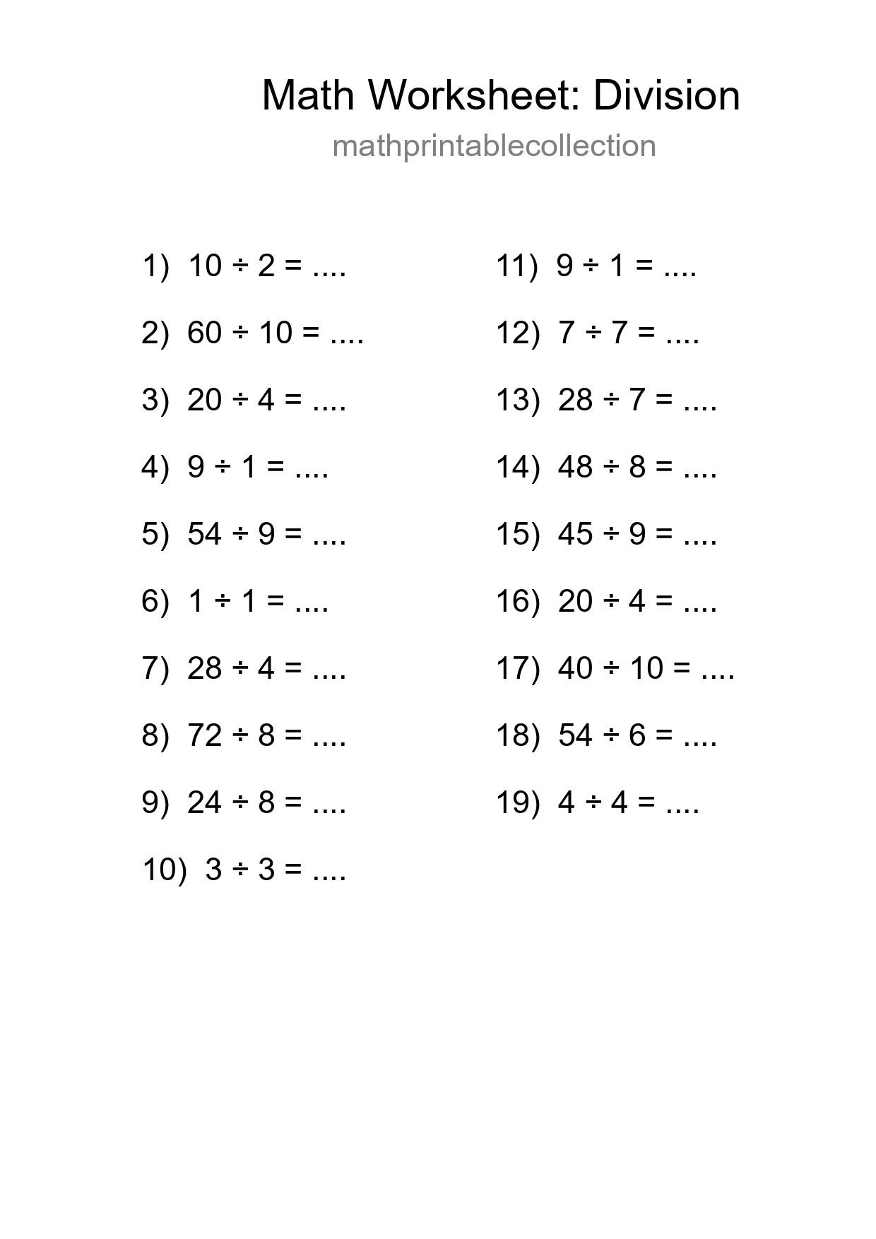 Printable Free 19 Division Math Worksheet For Grade 1 - Part 213