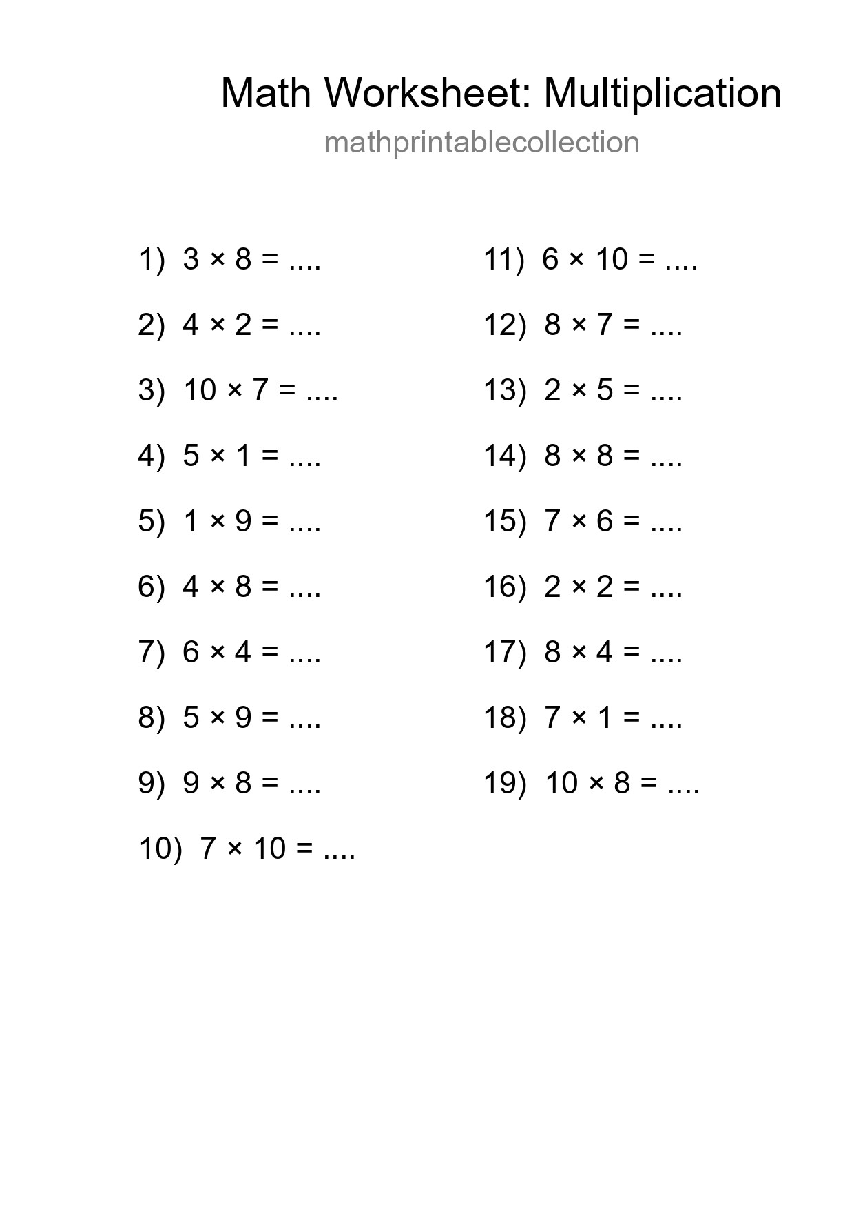 Printable Free 19 Multiplication Math Worksheet For Grade 1 - Part 128