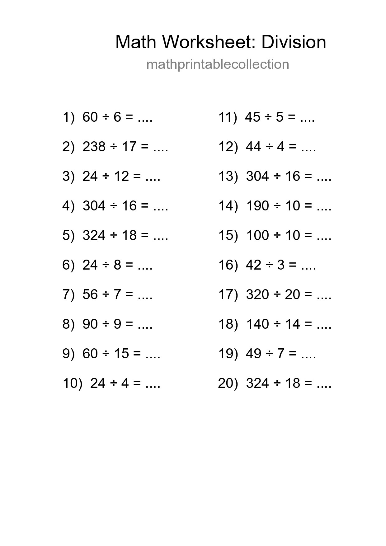 Printable Free 20 Division Math Worksheet For Grade 2 - Part 202