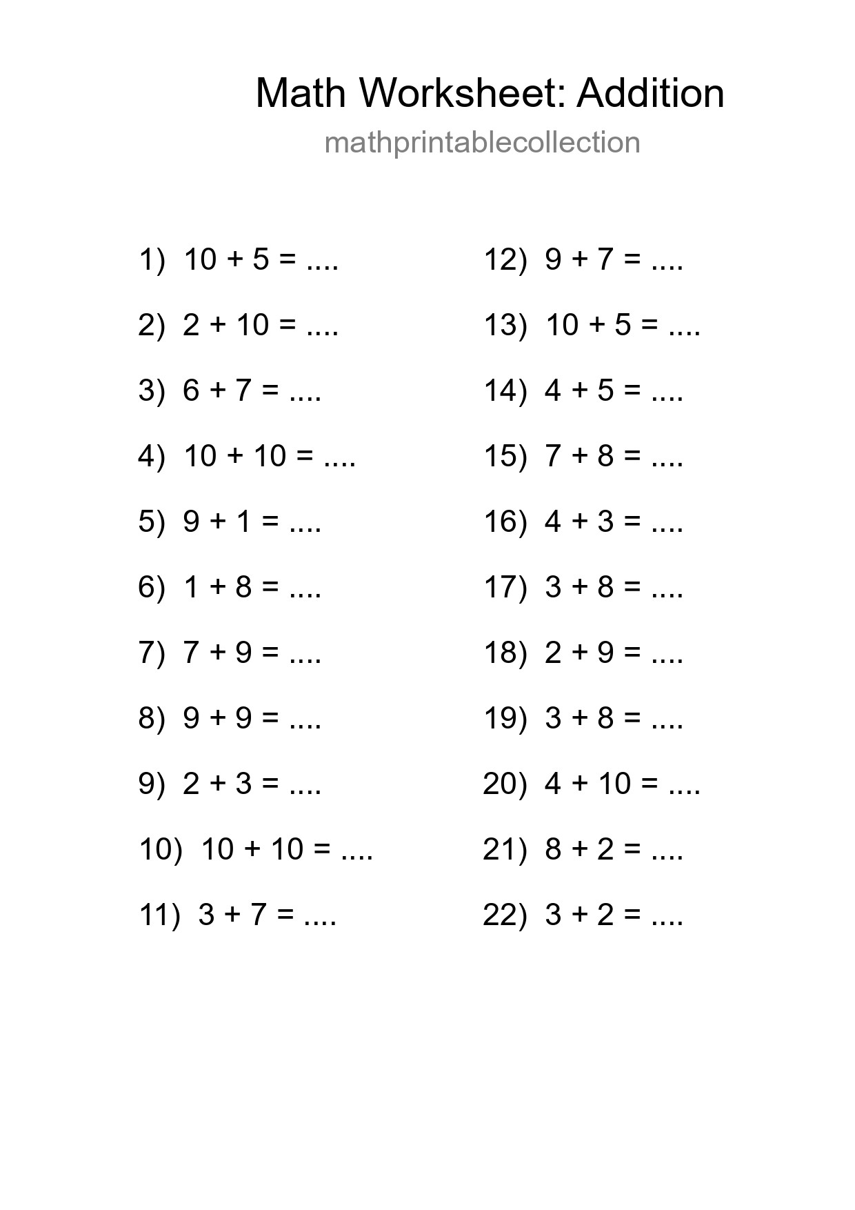 Printable Free 22 Addition Math Worksheet For Grade 1 - Part 56