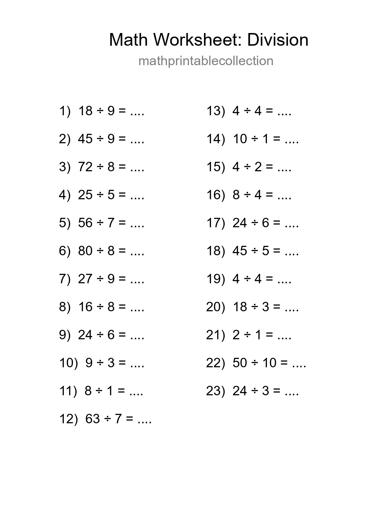 Printable Free 23 Division Math Worksheet For Grade 1 - Part 59