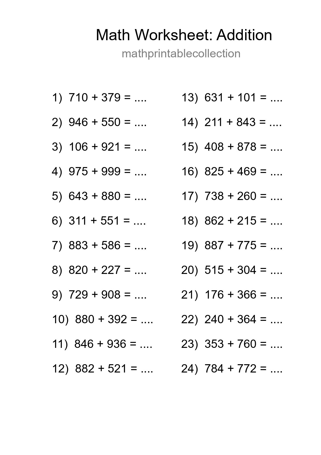 Printable Free 24 Addition Math Worksheet For Grade 5 - Part 254
