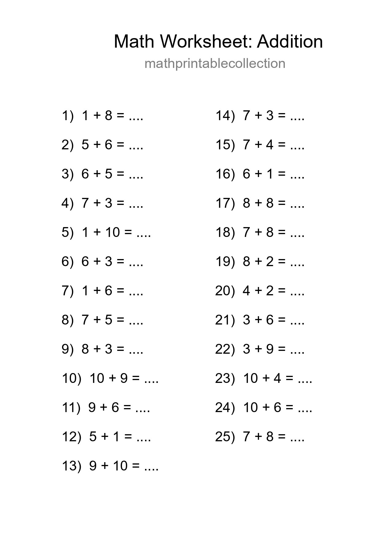 Printable Free 25 Addition Math Worksheet For Grade 1 - Part 144