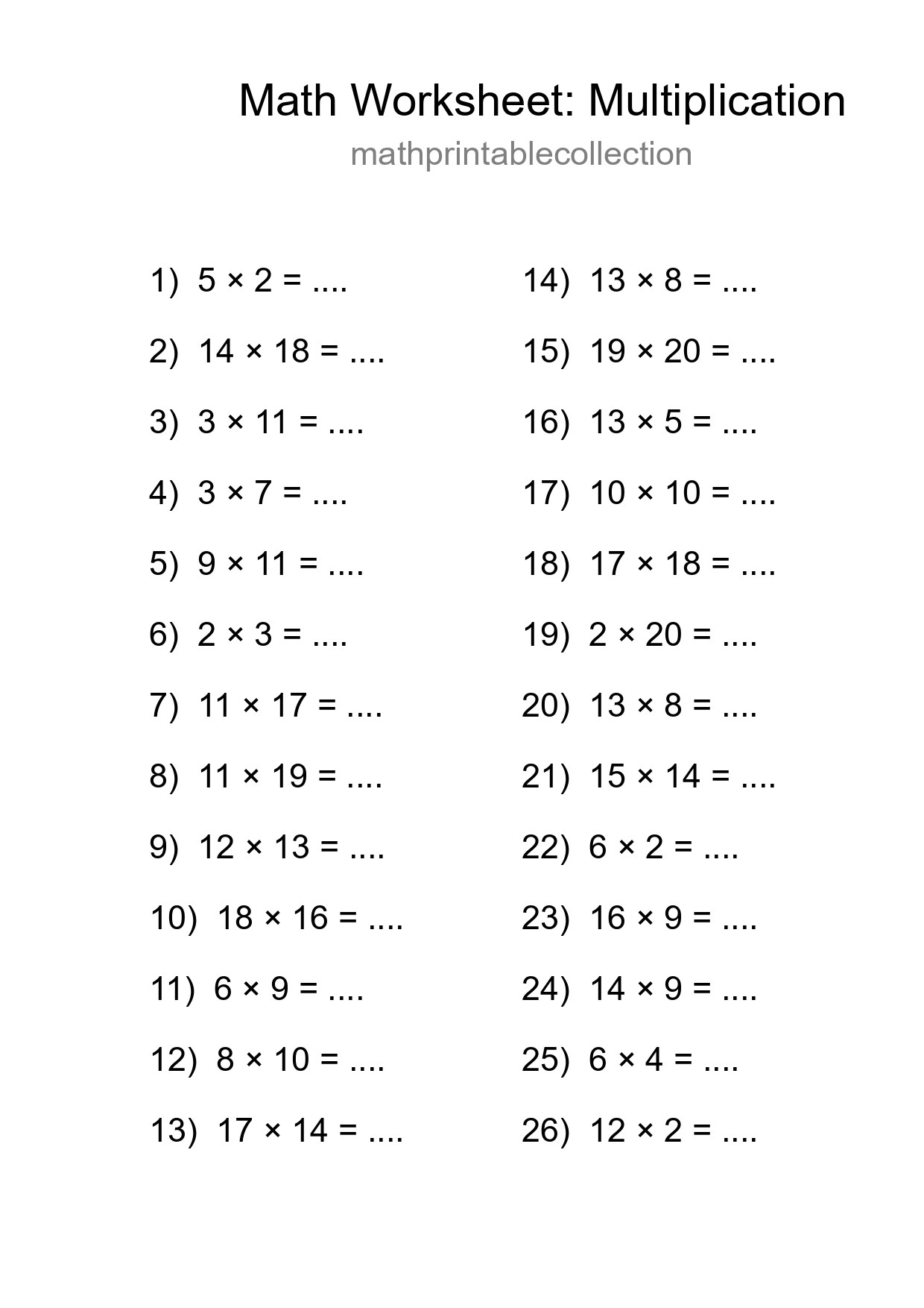 Printable Free 26 Multiplication Math Worksheet For Grade 2 - Part 84