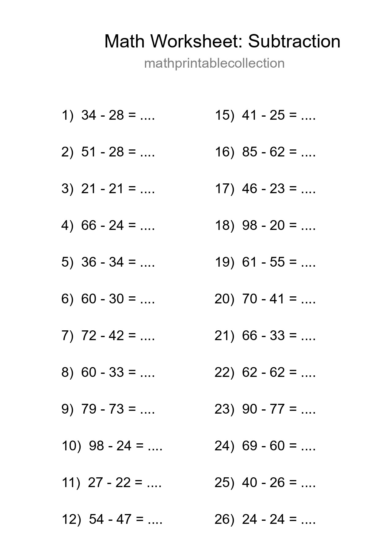 Printable Free 28 Subtraction Math Worksheet For Grade 3 - Part 239
