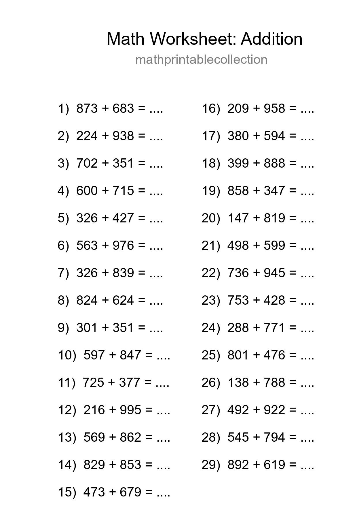 Printable Free 29 Addition Math Worksheet For Grade 5 - Part 221