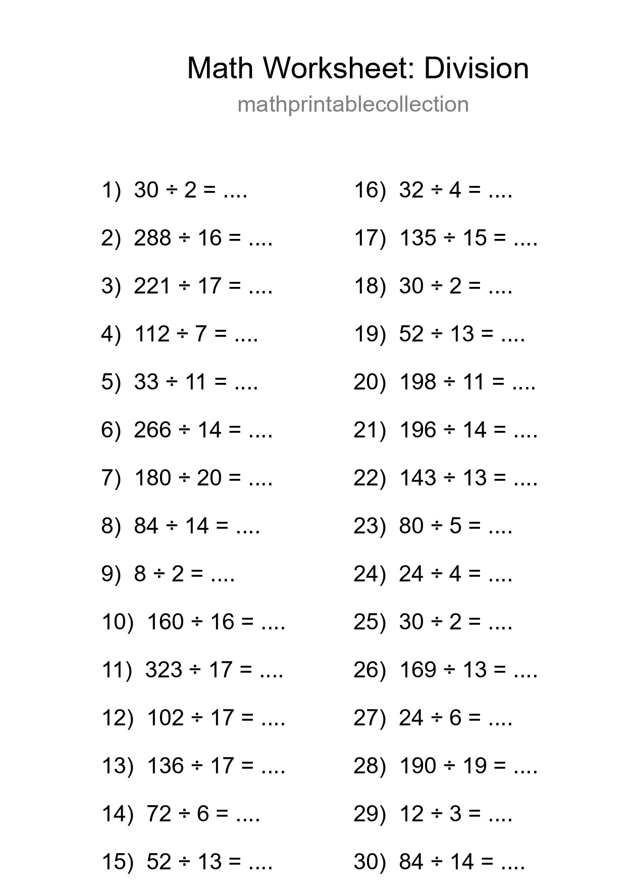 Printable Free 30 Division Math Worksheet For Grade 2 - Part 224