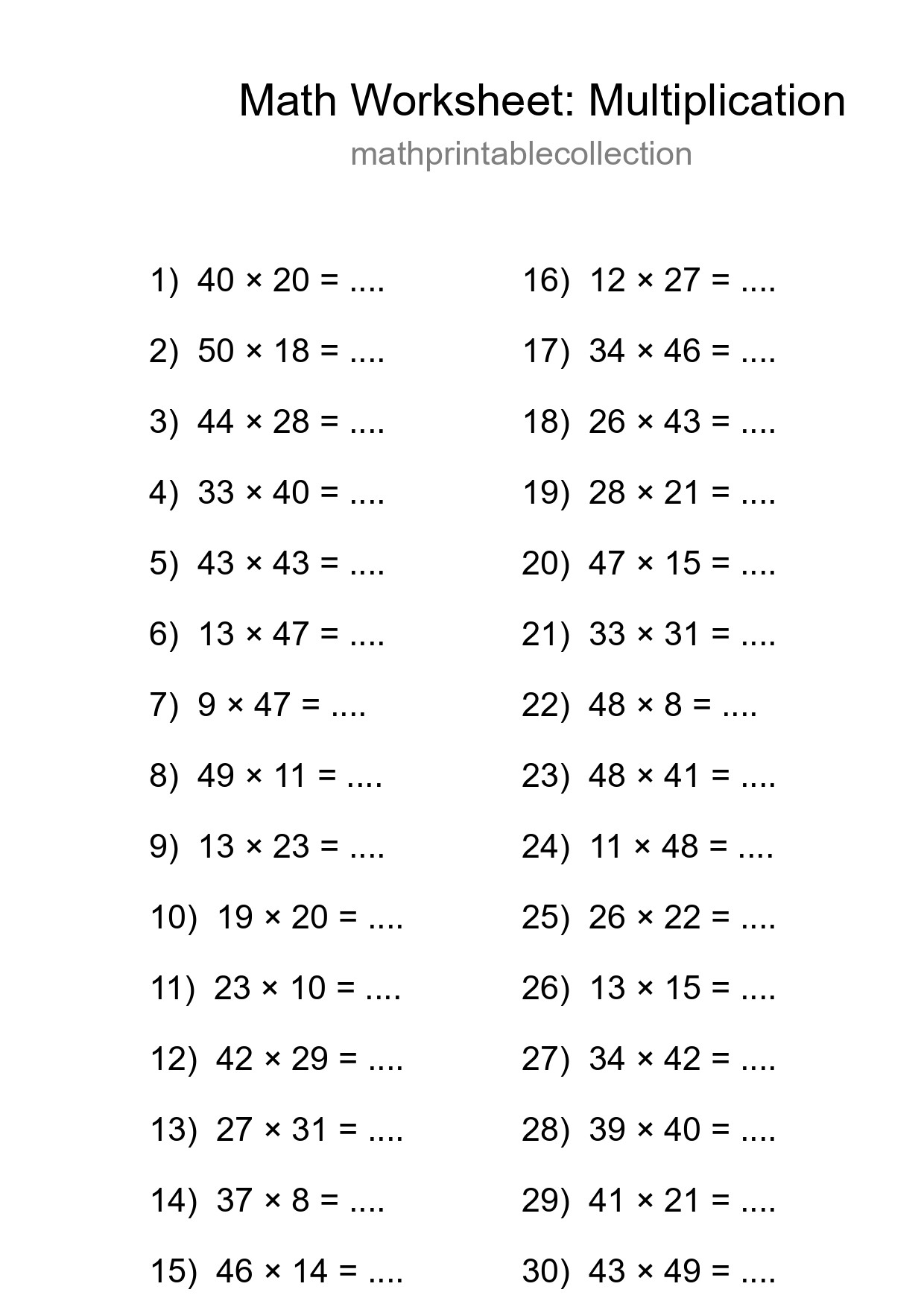 Printable Free 30 Multiplication Math Worksheet For Grade 2 - Part 40